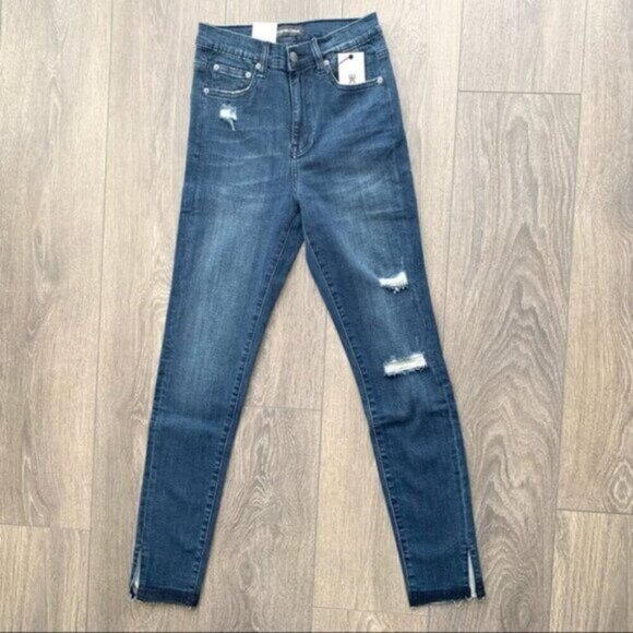 Free People NEON BLONDE High Rise Skinny Jeans Dark Wash Distressed Size 25 - Picture 5 of 15